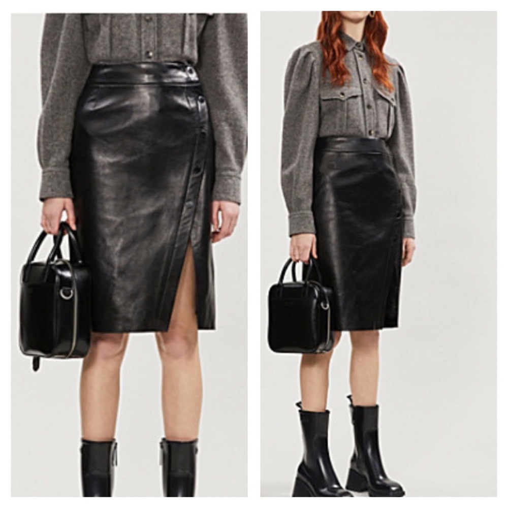 SANDRO High Waisted Gilna Leather MIDI Skirt SZ 0